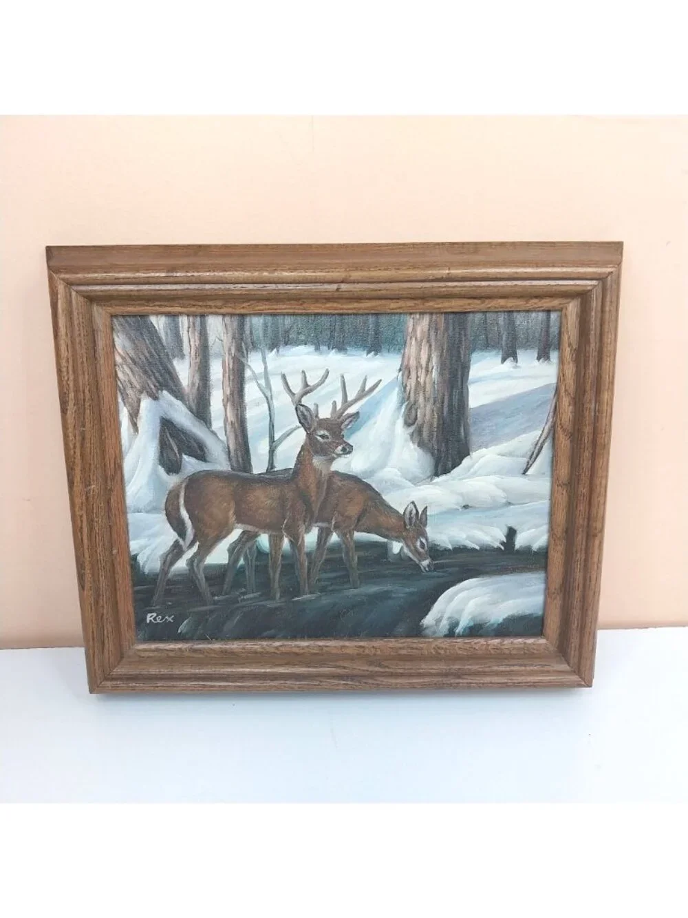 Bevel Framed Winter Forest Oil Painting With Deer Signed By Rex Hunting Lodge